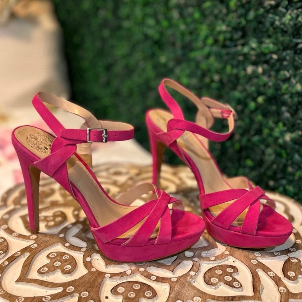 Vince Camuto hot pink “suede” heels, worn once, excellent condition, size 7